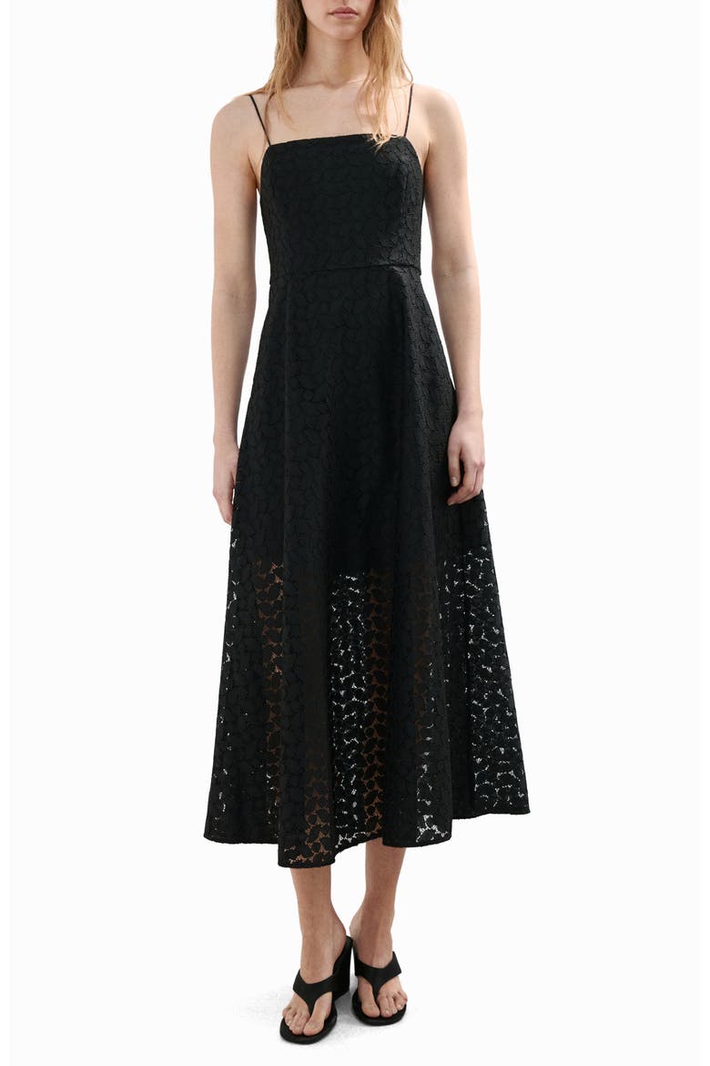 Cutwork Embroidery Midi Dress, Main, color, BLACK