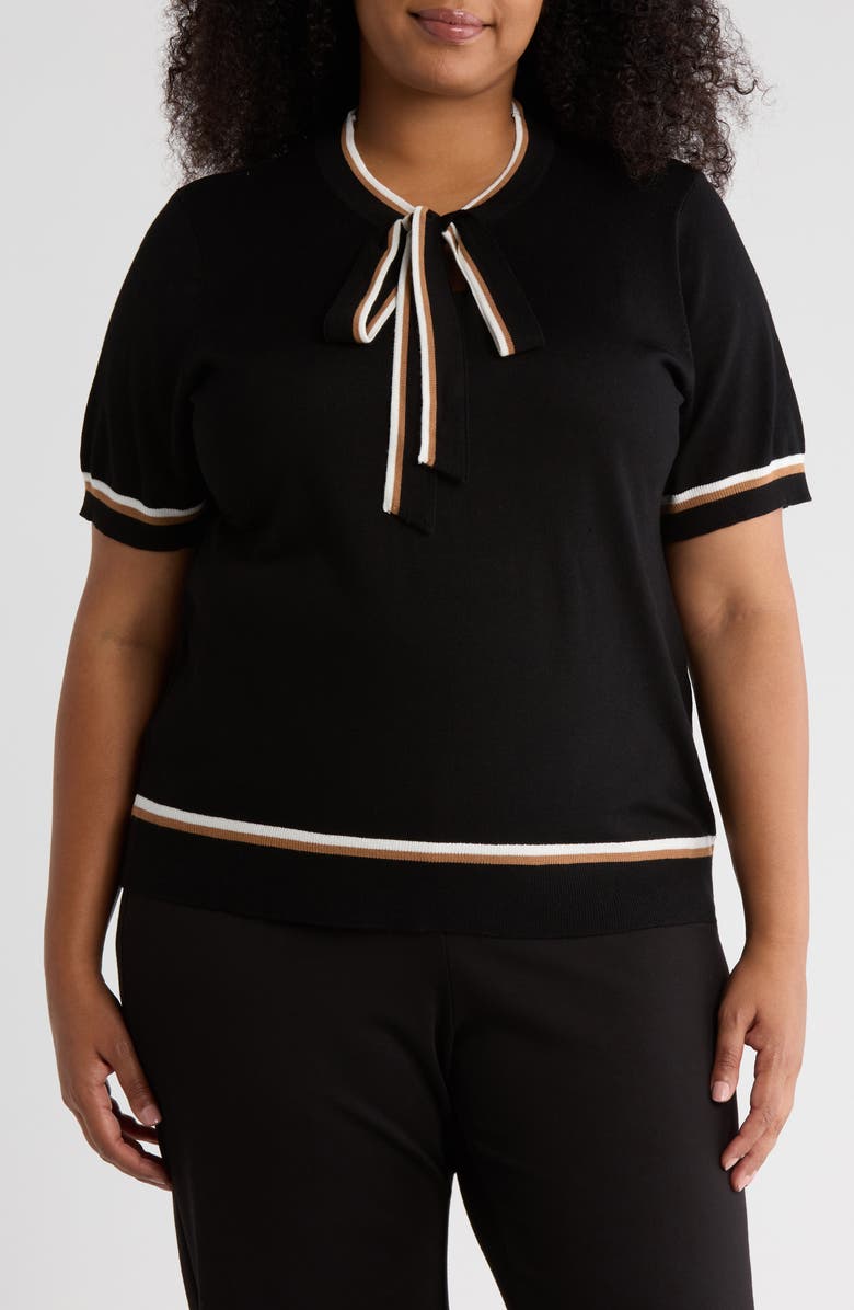 Adrianna Papell Double Tip Tie Neck Sweater, Main, color, Black/ Ivory/ Camel