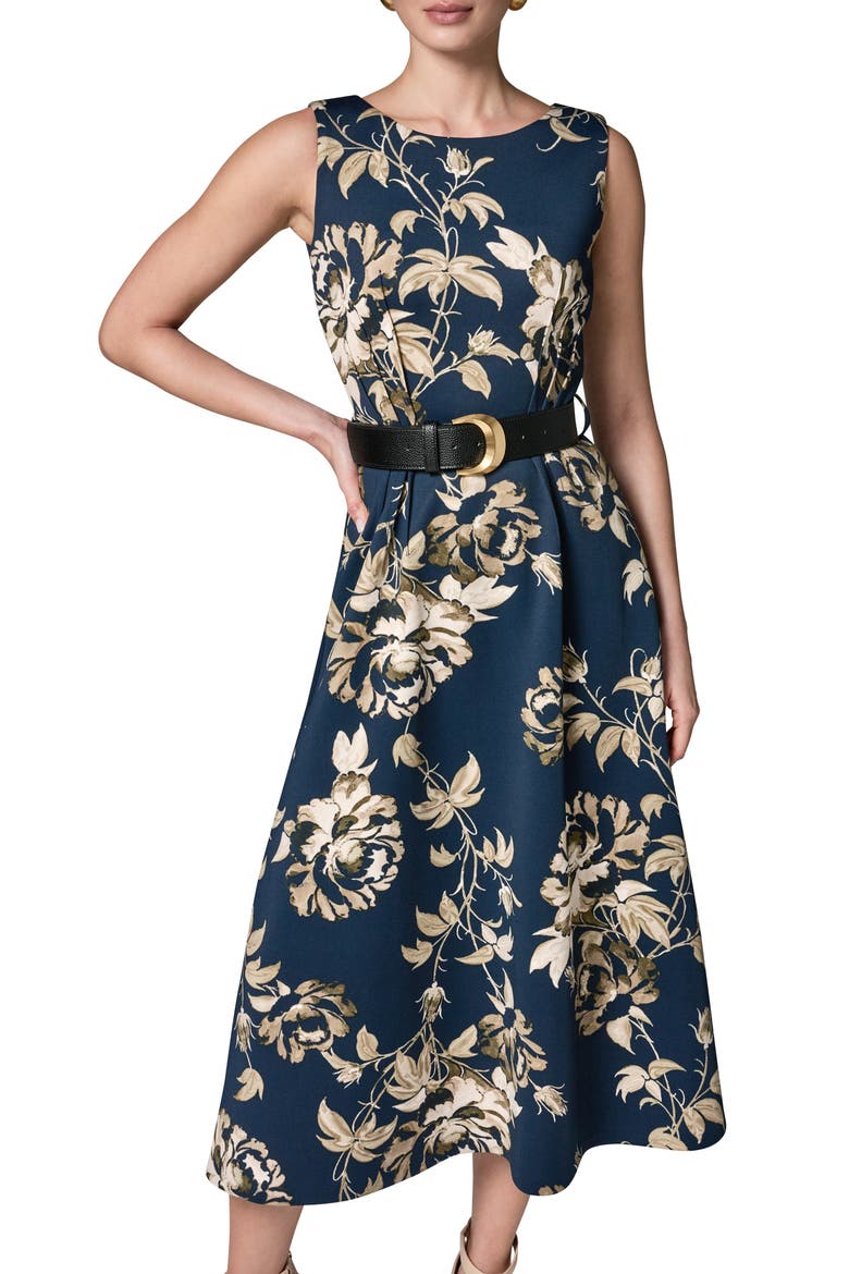 Floral Belted Stretch Fit & Flare Midi Dress, Alternate, color, NIGHT SKY