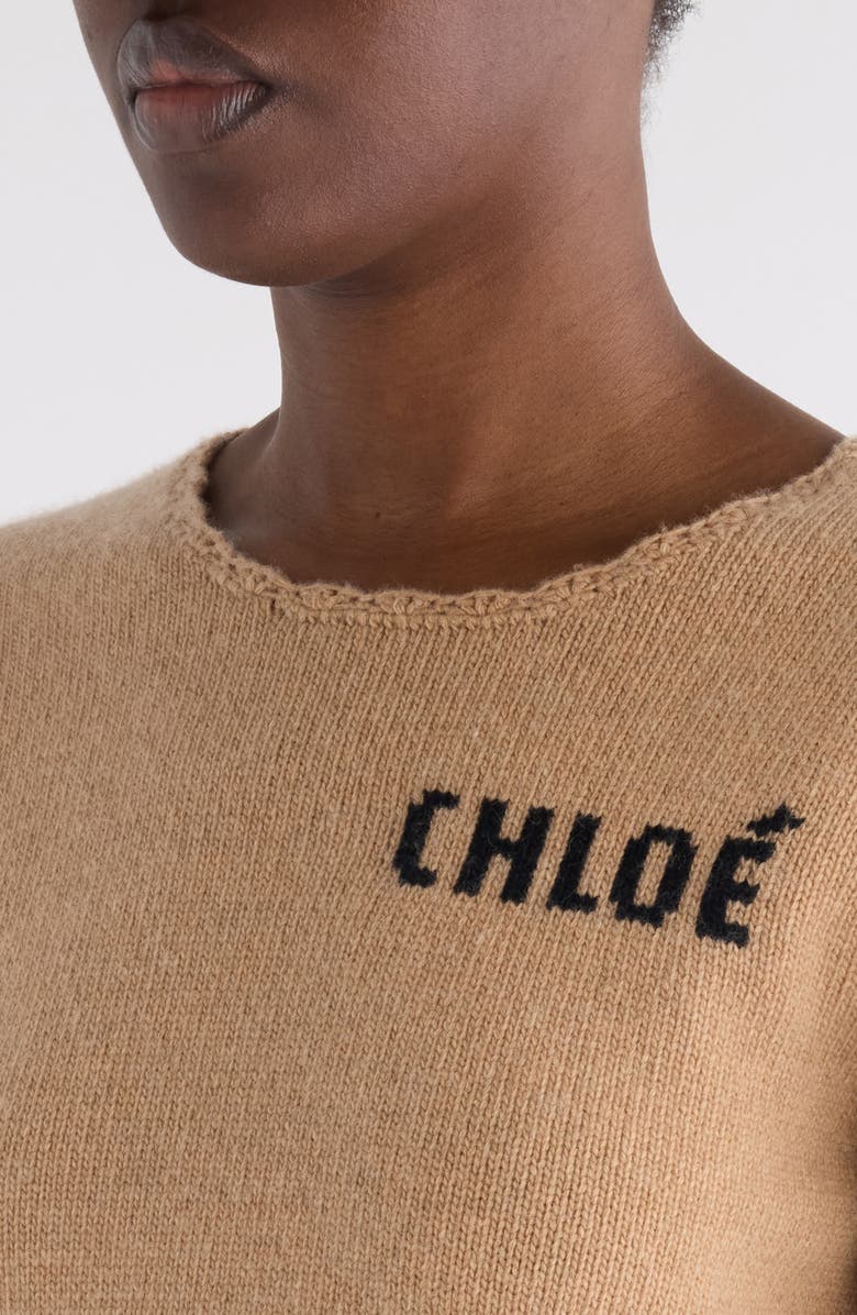 Chloé Scalloped Logo Crop Wool & Cashmere Sweater, Alternate, color, Bleached Brown