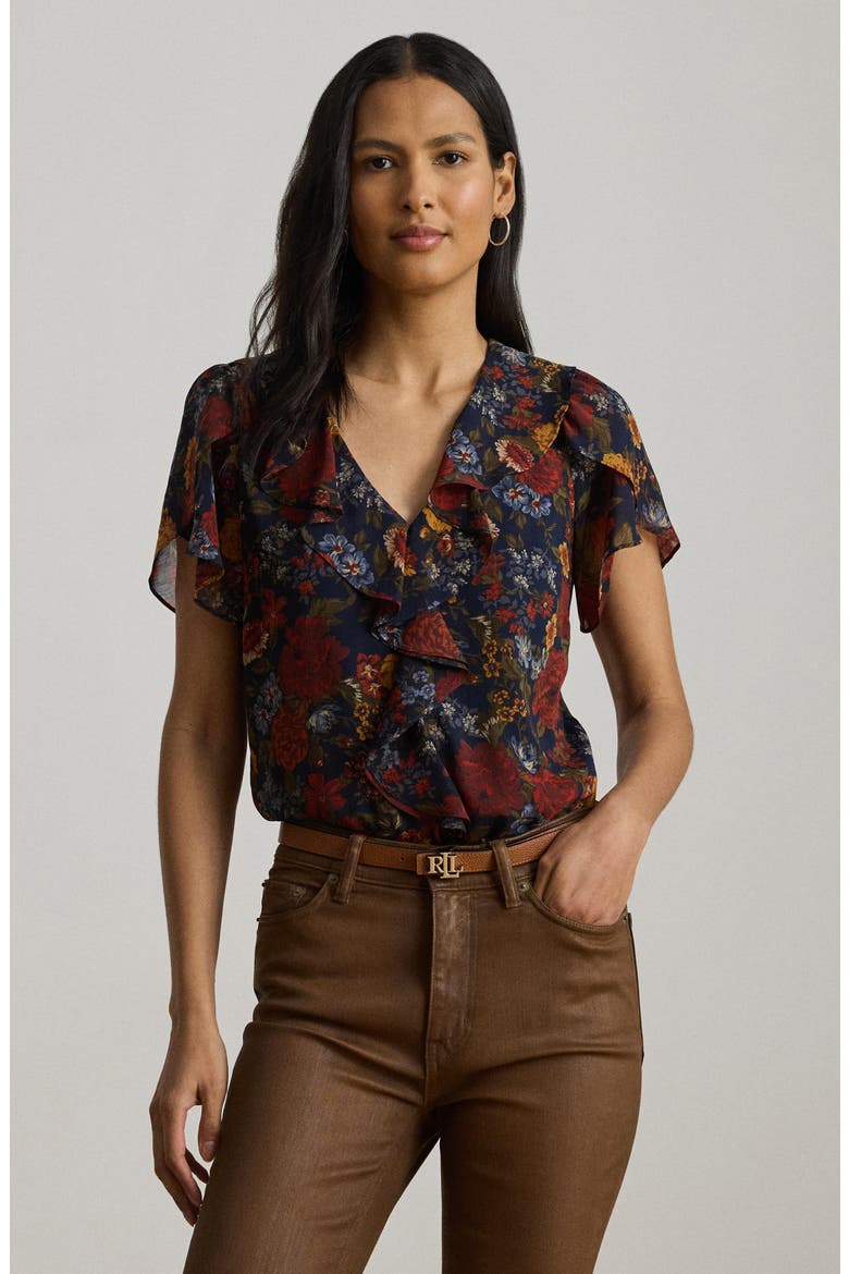 Floral Ruffle Accent Top, Alternate, color, NAVY MULTI