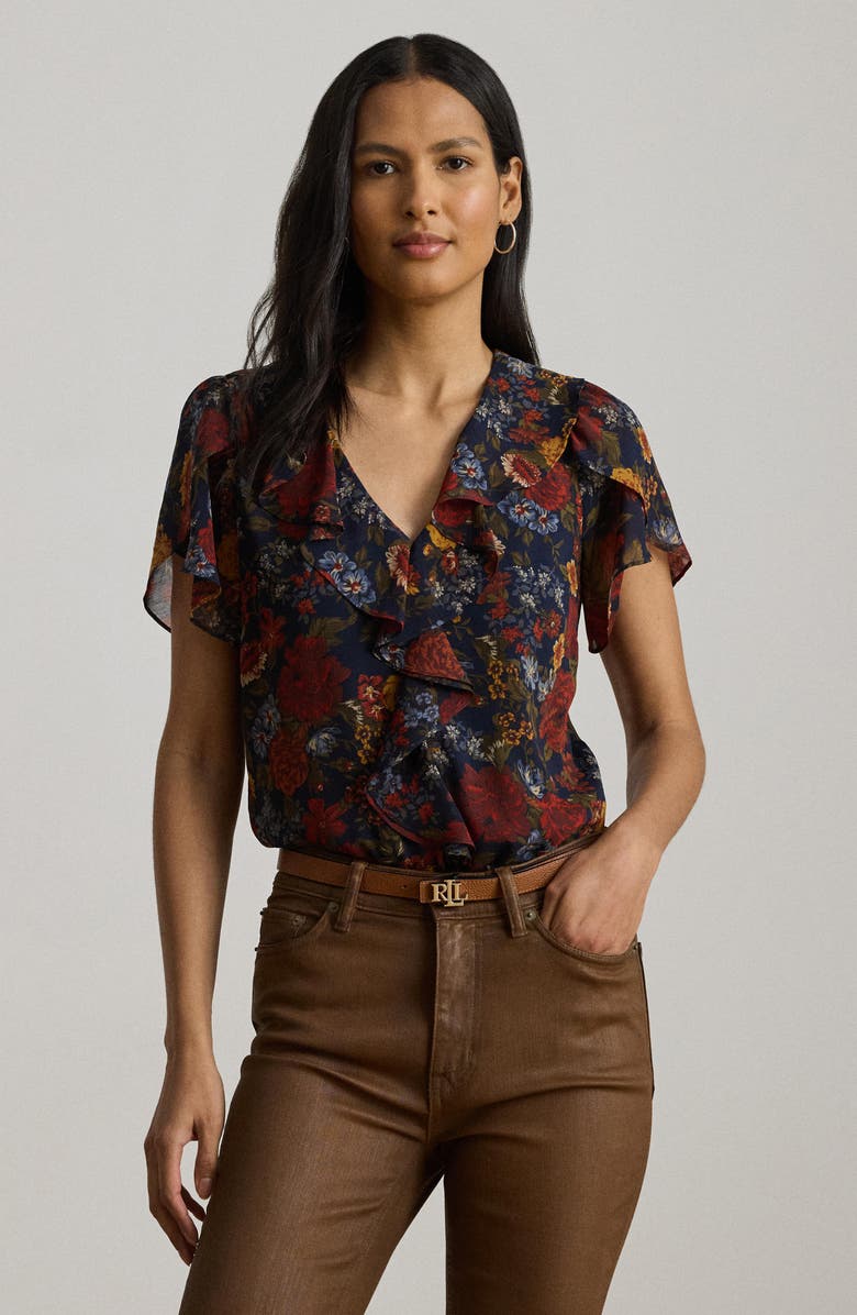 Lauren Ralph Lauren Floral Ruffle Accent Top, Alternate, color, Navy Multi