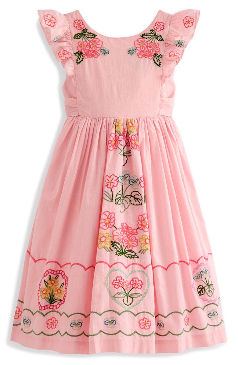 Mini Boden Kids' Embroidered Flutter Sleeve Cotton Midi Dress, Main, color, Chalk Pink