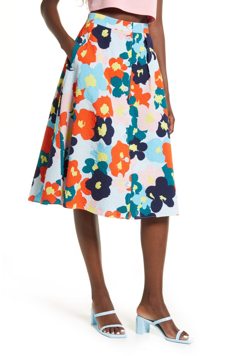 Cristina Martinez Print Skirt, Main, color, BLUE FLORAL SMUDGE