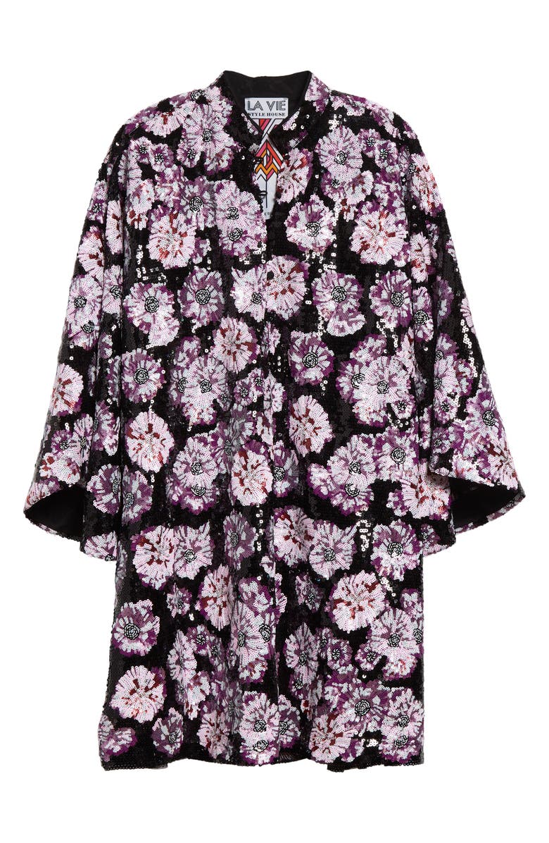 La Vie Style House Floral Burst Sequin Cover-Up Minidress, Alternate, color, Black/ Purple