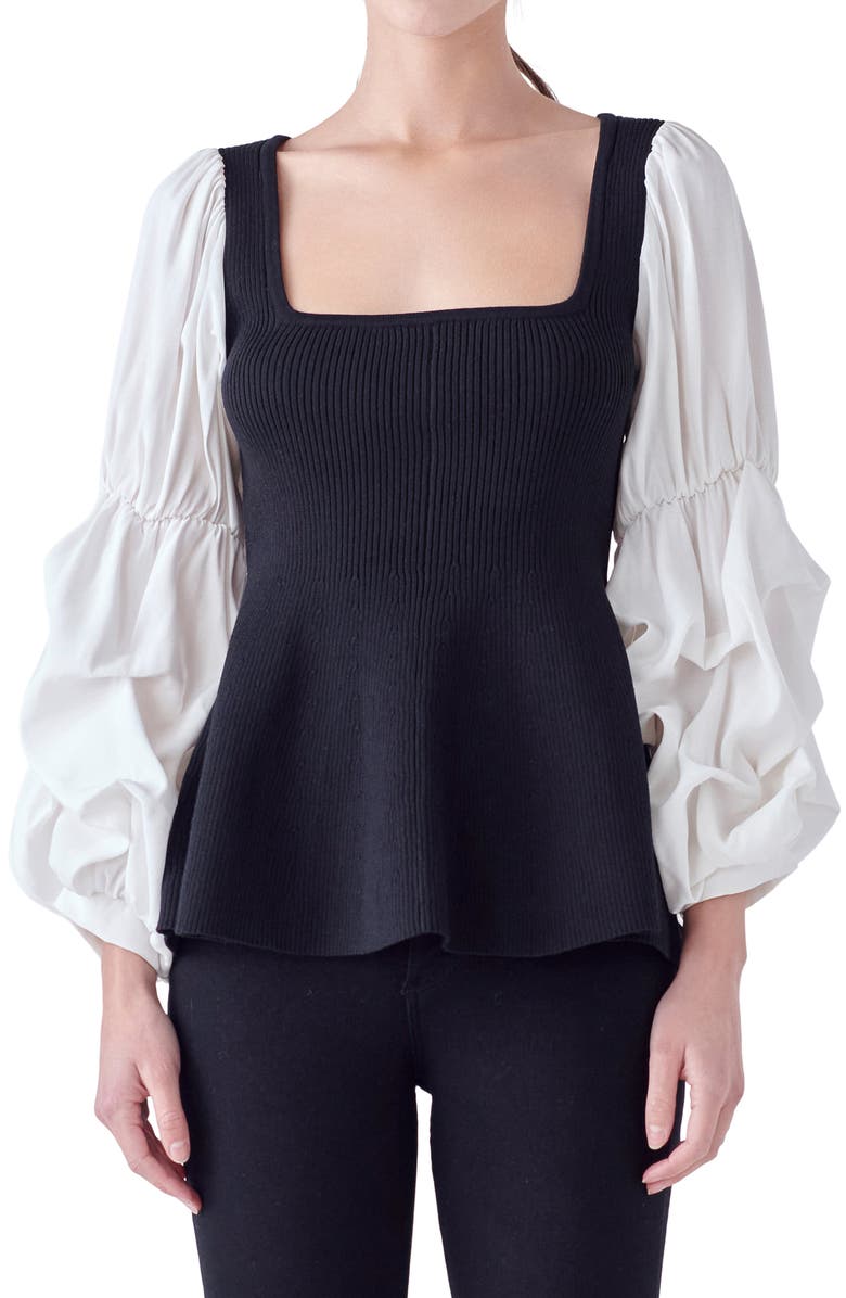 English Factory Mixed Media Rib Top, Alternate, color, Black/ White