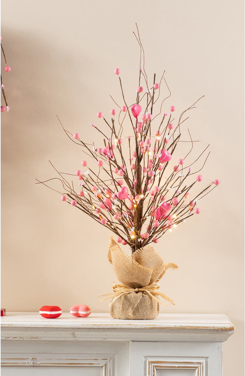 Glitzhome 20"H Lighted Valentine's Pink Berry Heart Table Tree, Alternate, color, Red
