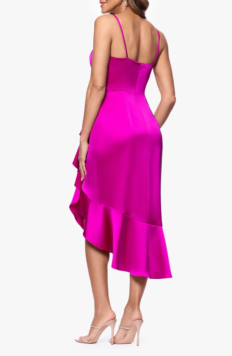 Xscape Evenings Cascasde Ruffle Detail Satin Cocktail Dress, Alternate, color, Magenta