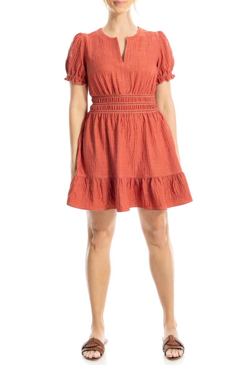 Puff Sleeve Fit & Flare Dress, Alternate, color, HEATHER WASHED RED