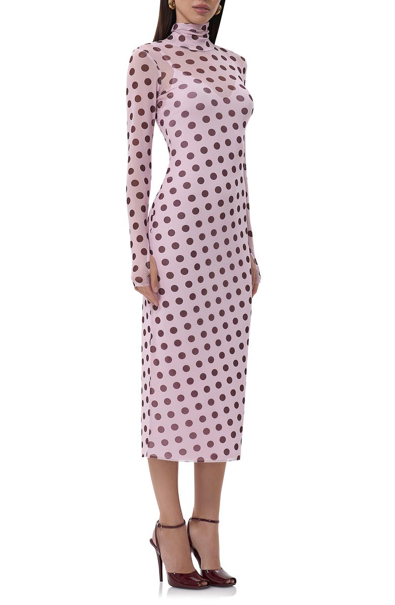 AFRM Shailene Turtleneck Long Sleeve Mesh Midi Dress, Alternate, color, Rose Dot