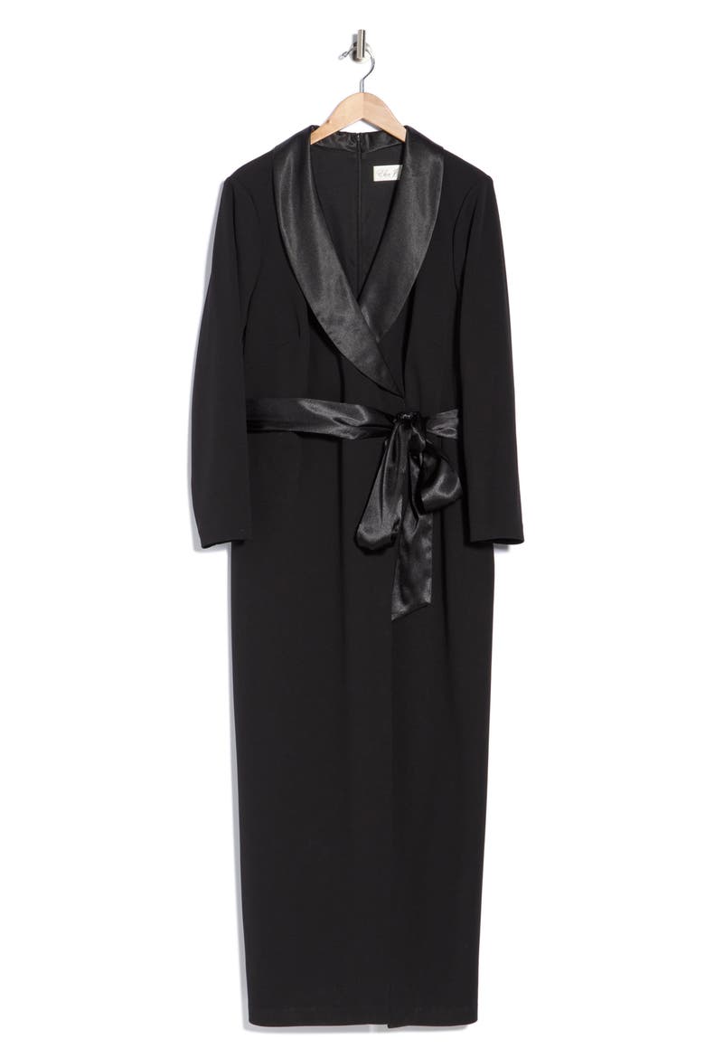Satin Collar Tuxedo Wrap Gown, Main, color, BLK