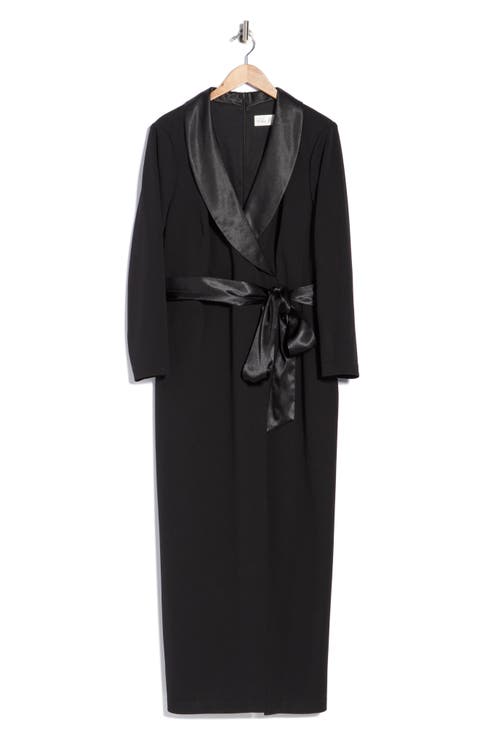 Satin Collar Tuxedo Wrap Gown