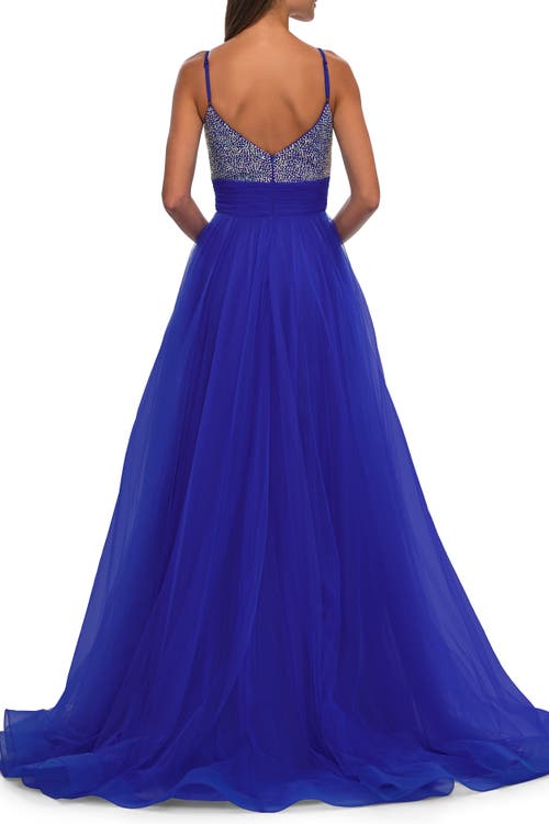 La Femme Tulle Gown With Full Skirt And Rhinestone Bodice In Royal Blue