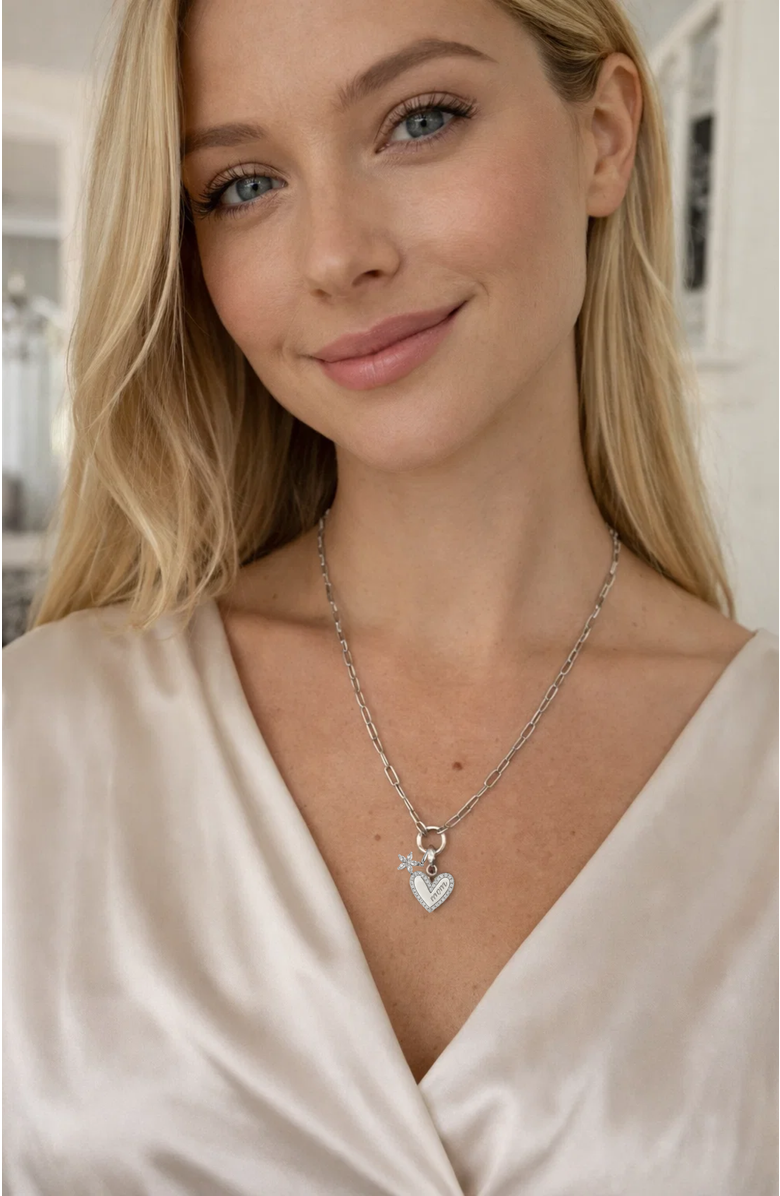 Hollywood Sensation Bloom MOM Heart Necklace, Alternate, color, Silver