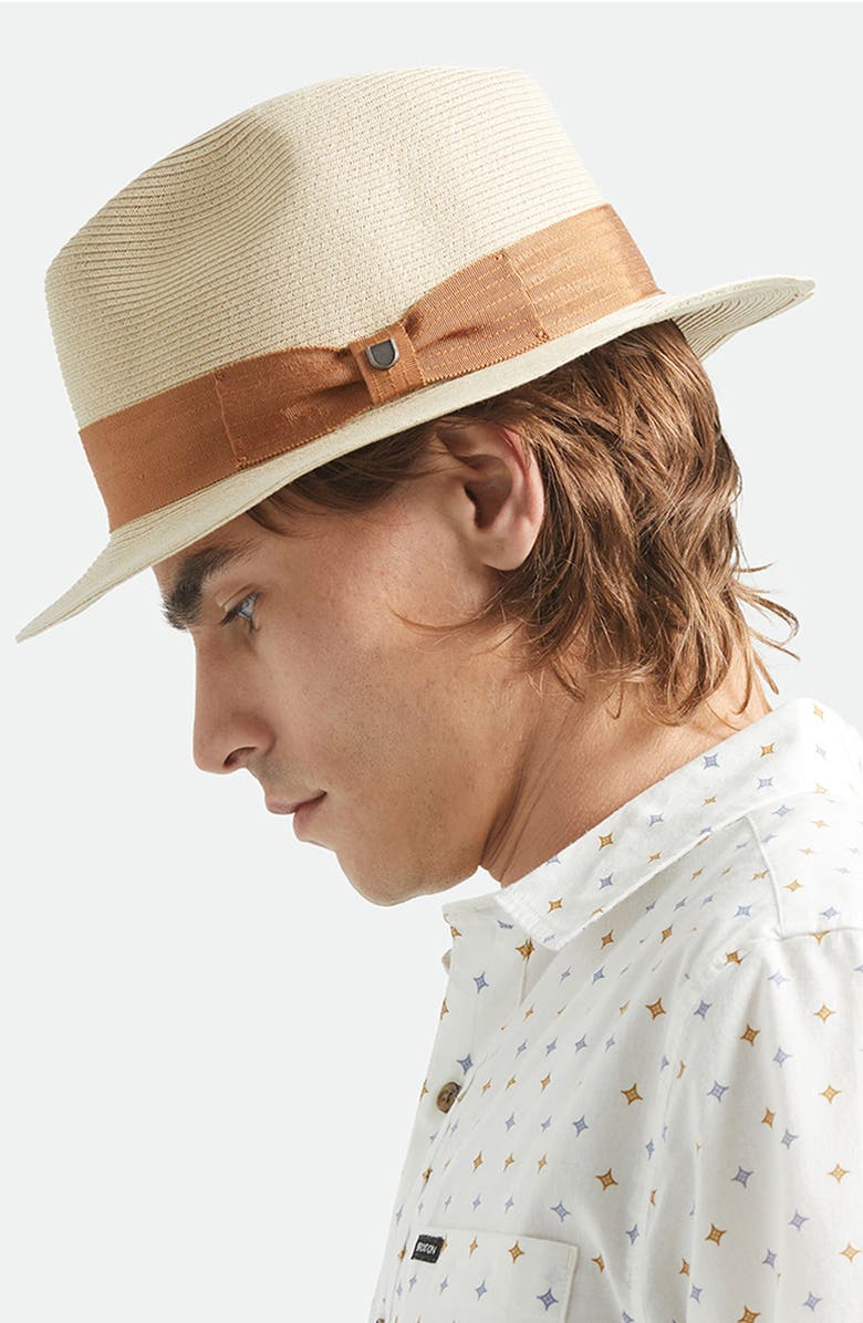 Brixton Roma Packable Straw Fedora, Alternate, color, Natural/ Bronze