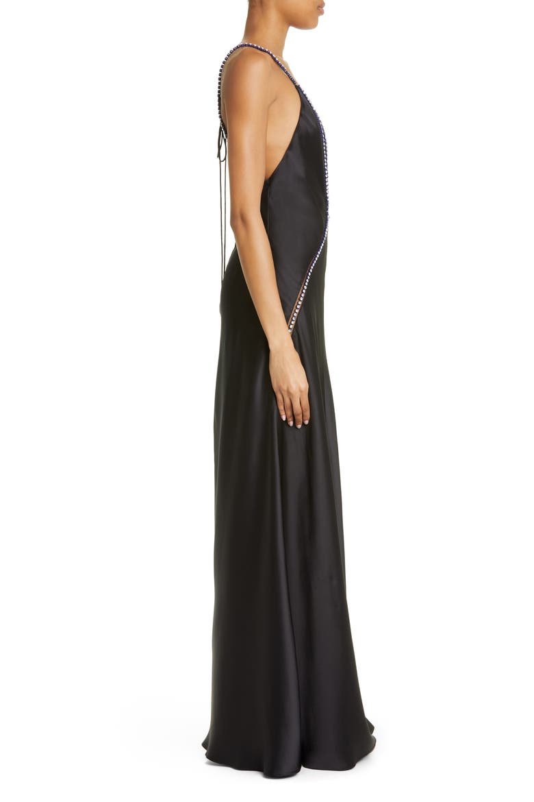 Embellished Plunge Neck Satin Maxi Dress, Alternate, color, BLACK