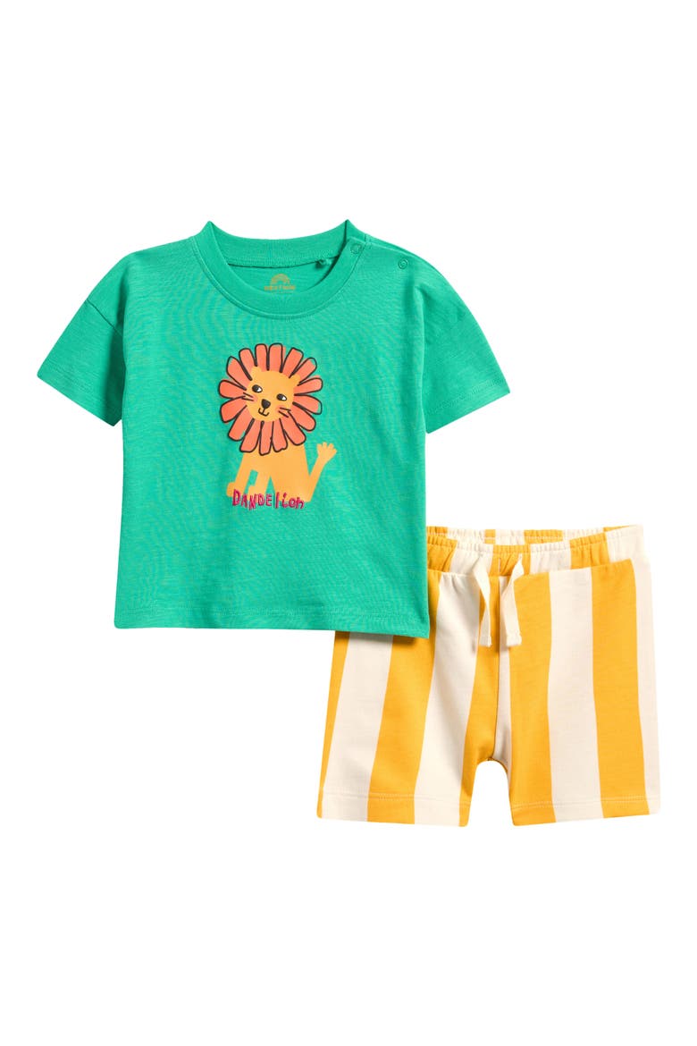 Lion Cotton T-Shirt & Stripe Shorts Set, Main, color, GREEN