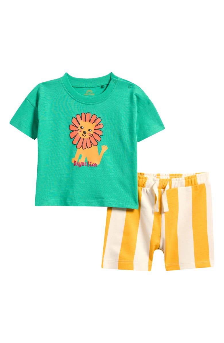 NEXT Lion Cotton T-Shirt & Stripe Shorts Set, Main, color, Green
