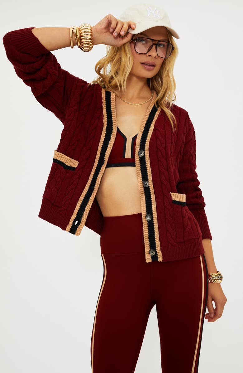 Beach Riot Gene Cable Stitch Cardigan, Alternate, color, Maroon Merlot Colorblock