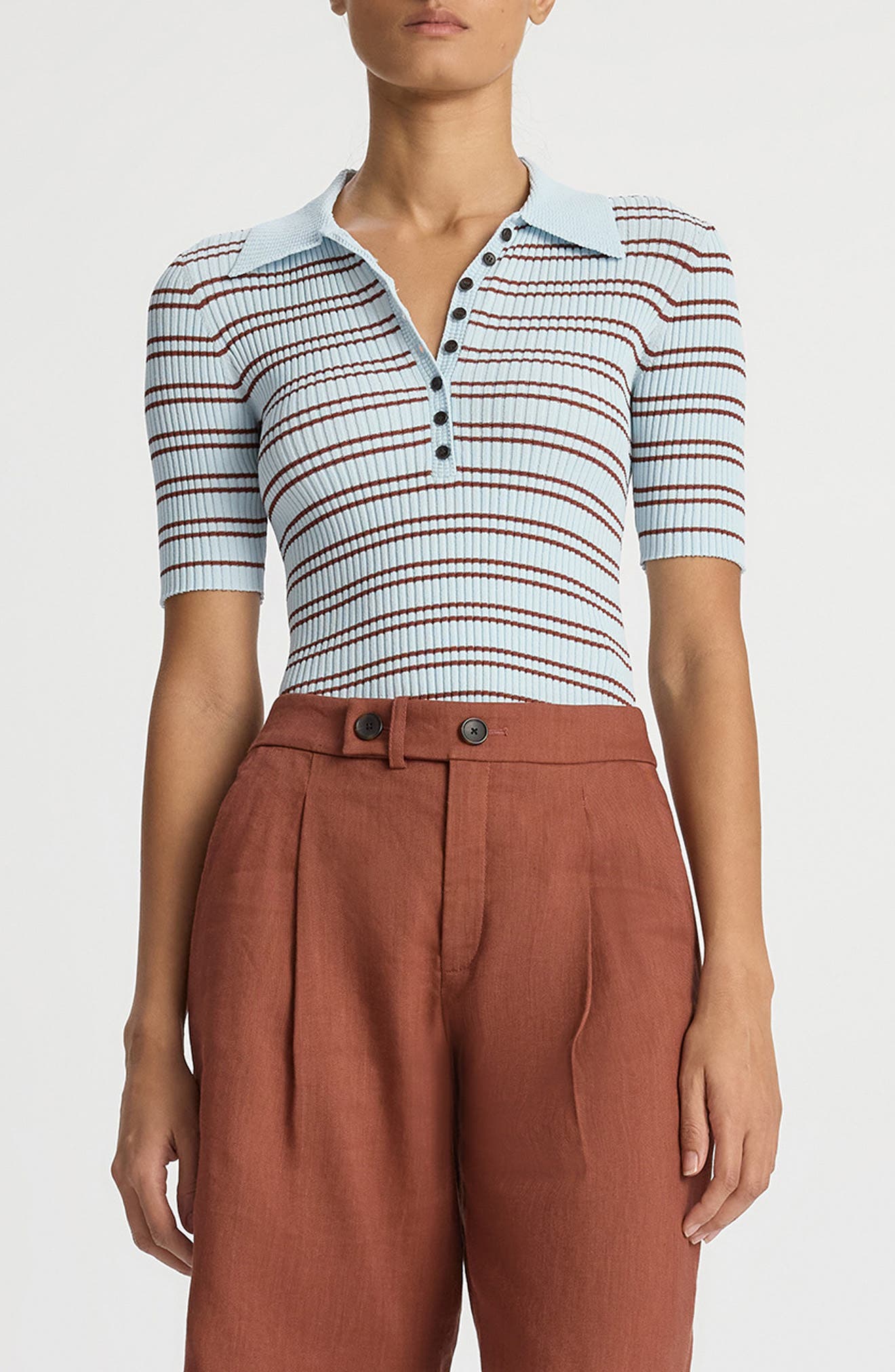 A.l.c . Sydney Stripe Polo Sweater In Ice Water/ Sequoia