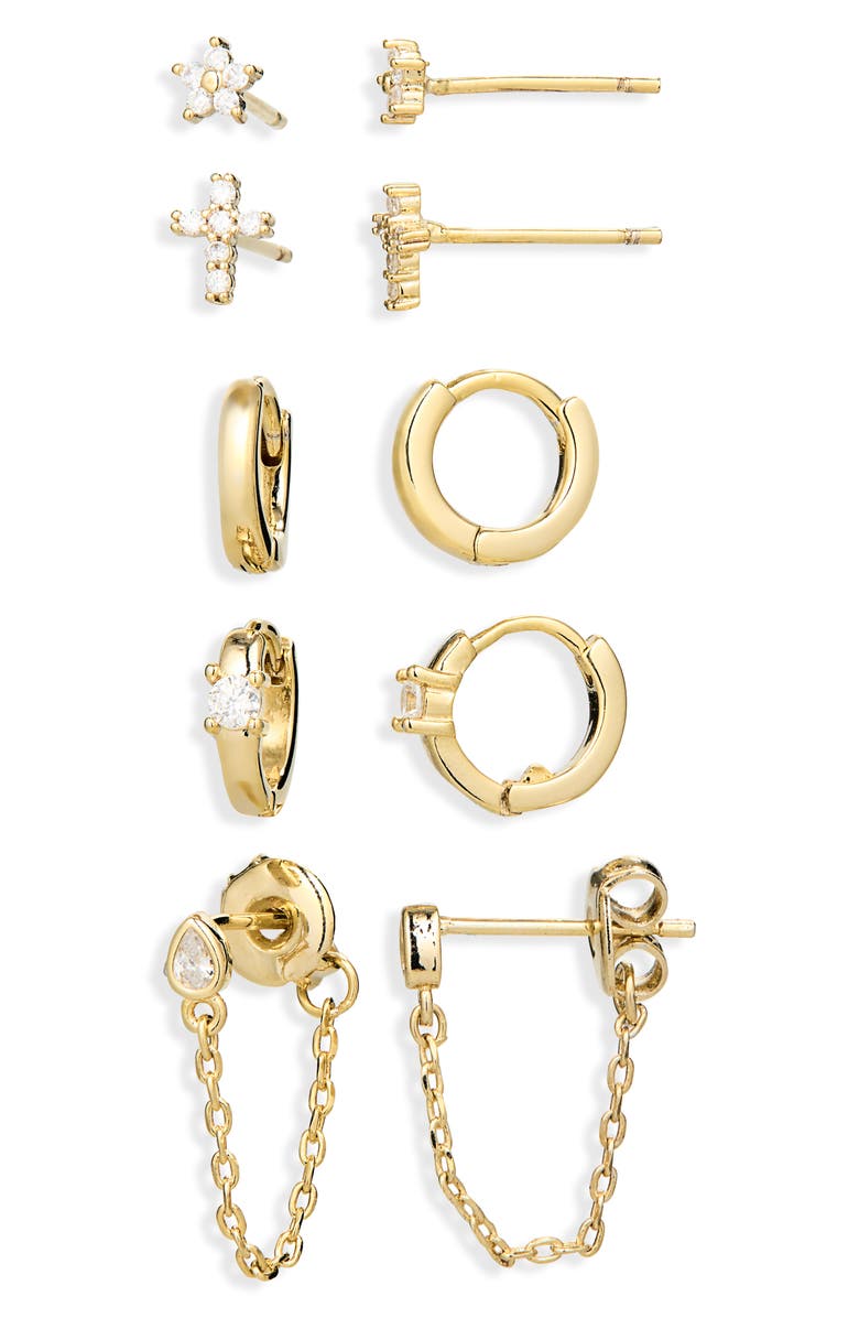 Leith Set of 5 Cubic Zirconia Baguette Stud & Hoop Earrings, Alternate, color, Clear- Gold