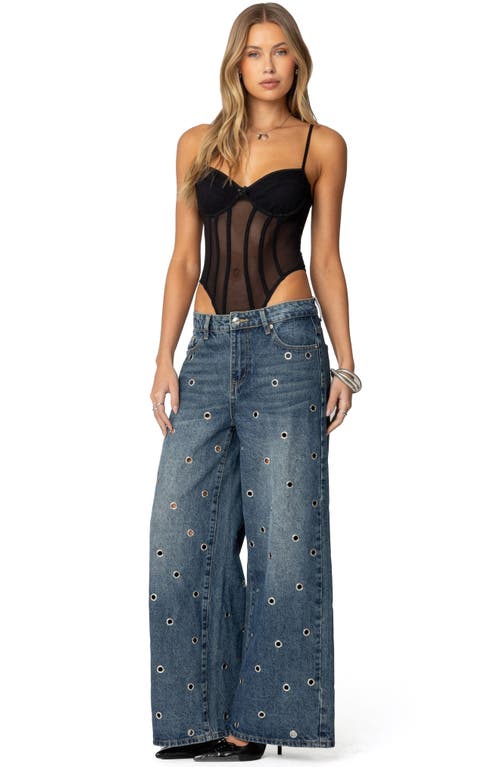 Edikted Jainie Grommet Low Rise Blue Wash Jeans In Blue-washed