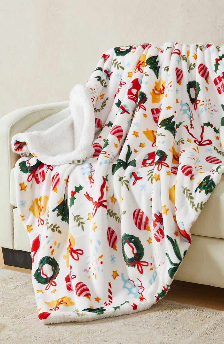Woven & Weft Holiday Print Reversible Faux Shearling Throw Blanket, Alternate, color, Celebration