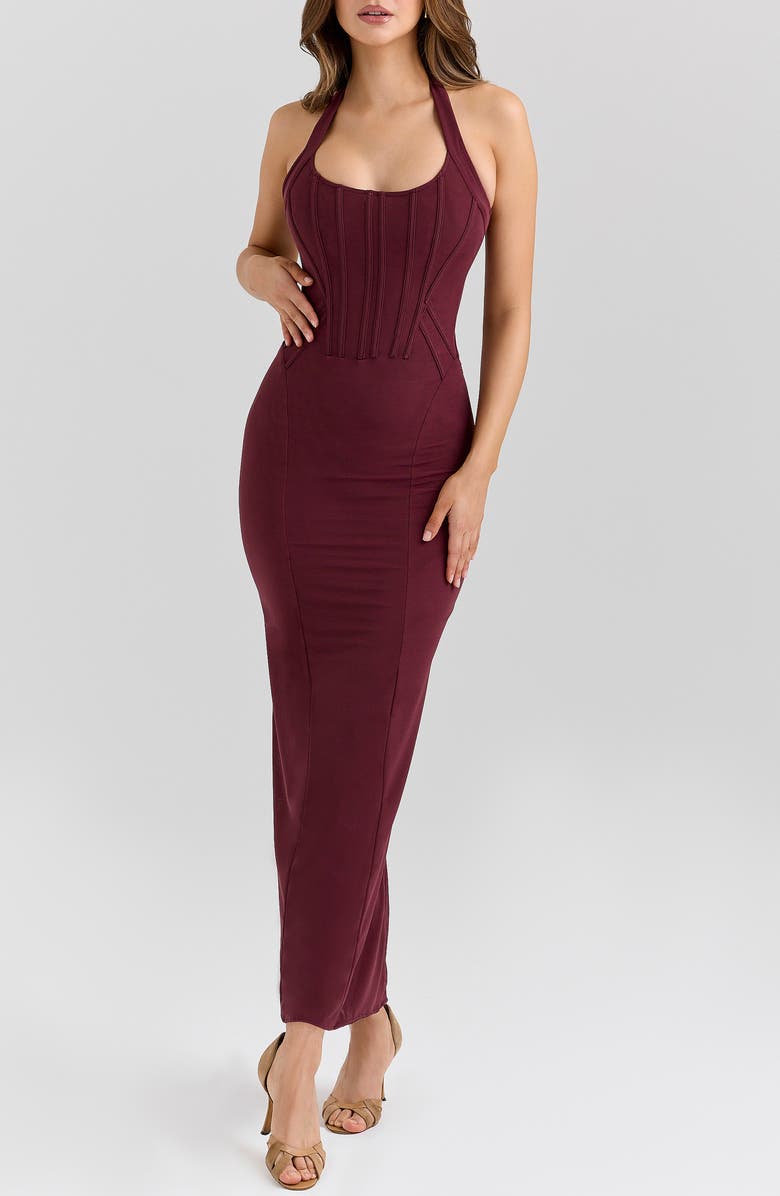 HOUSE OF CB Lusilla Halter Powermesh Body-Con Cocktail Dress, Main, color, Grape