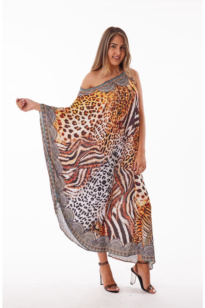 Crystal Embellished Animal Print One-Shoulder Dress, Alternate, color, BROWN