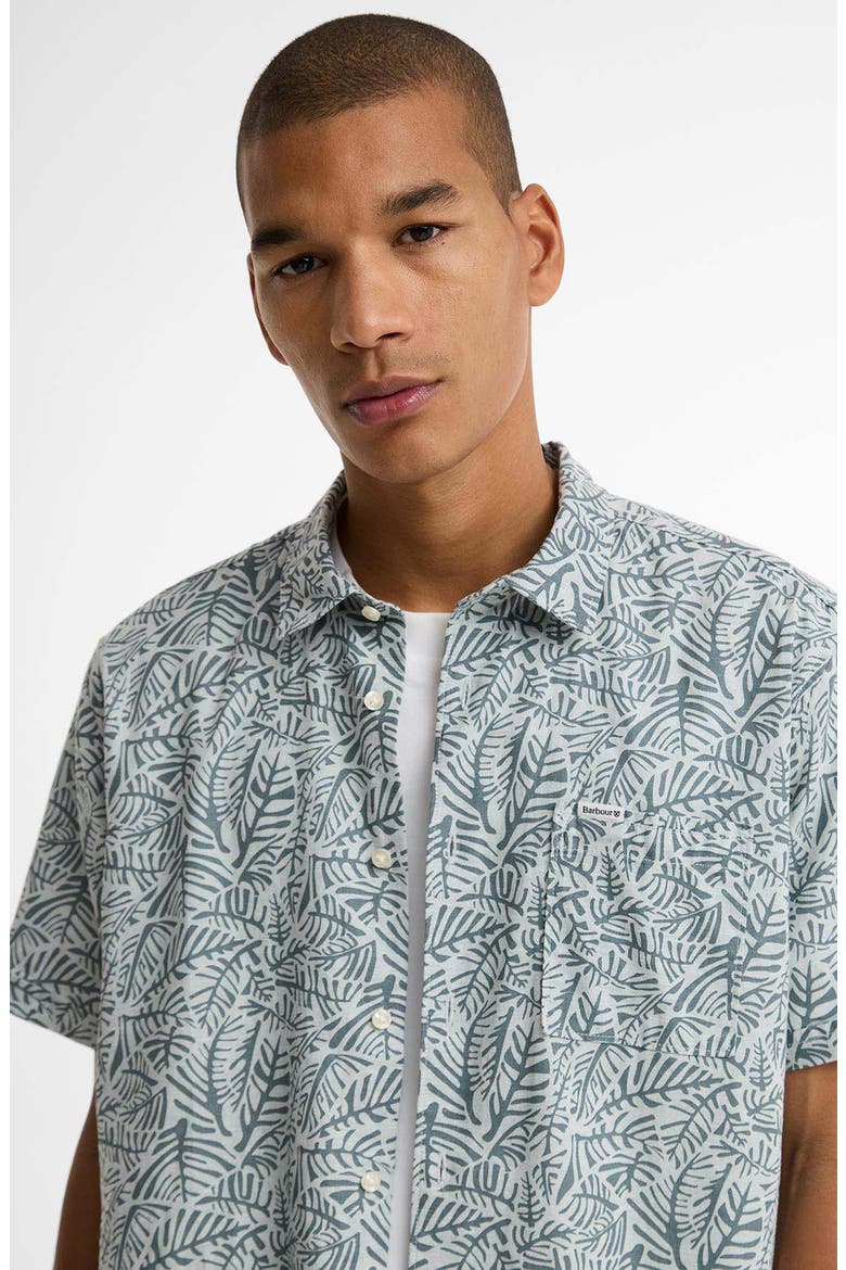 Dearham Leaf Print Short Sleeve Linen & Cotton Button-Up Shirt, Alternate, color, DUSTY SLATE