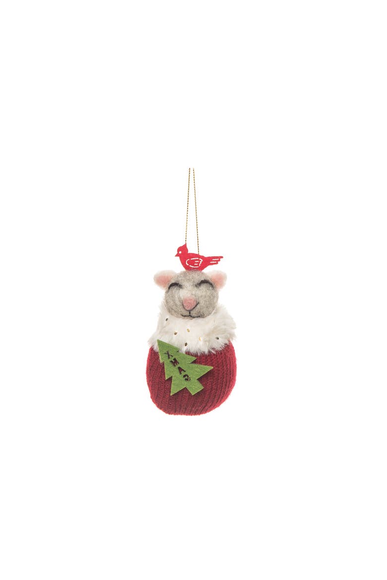 Mouse In Stocking W/Cardinal Fabric Ornament, Main, color, Red