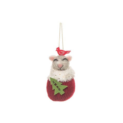Mouse In Stocking W/Cardinal Fabric Ornament