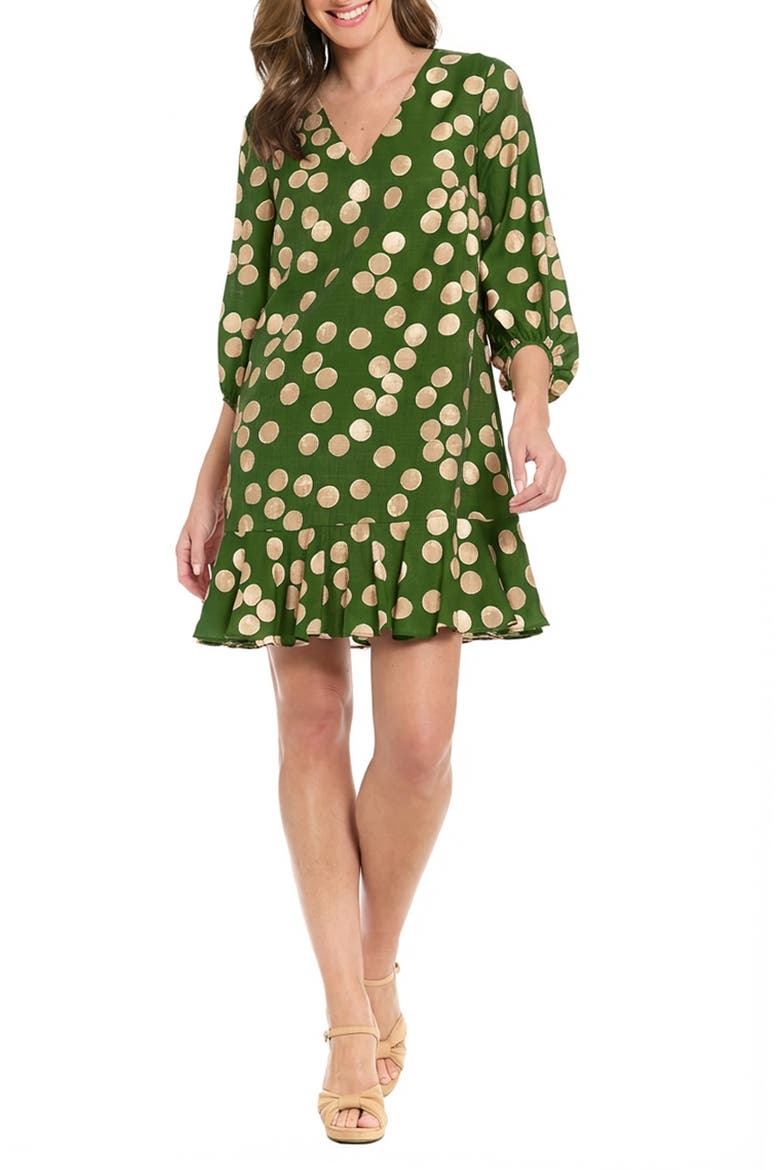 Polka Dot Balloon Sleeve Ruffle Hem Shift Dress, Main, color, FOREST ELF/ NOMAD