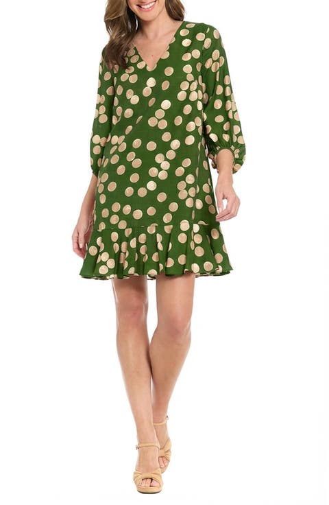 Polka Dot Balloon Sleeve Ruffle Hem Shift Dress