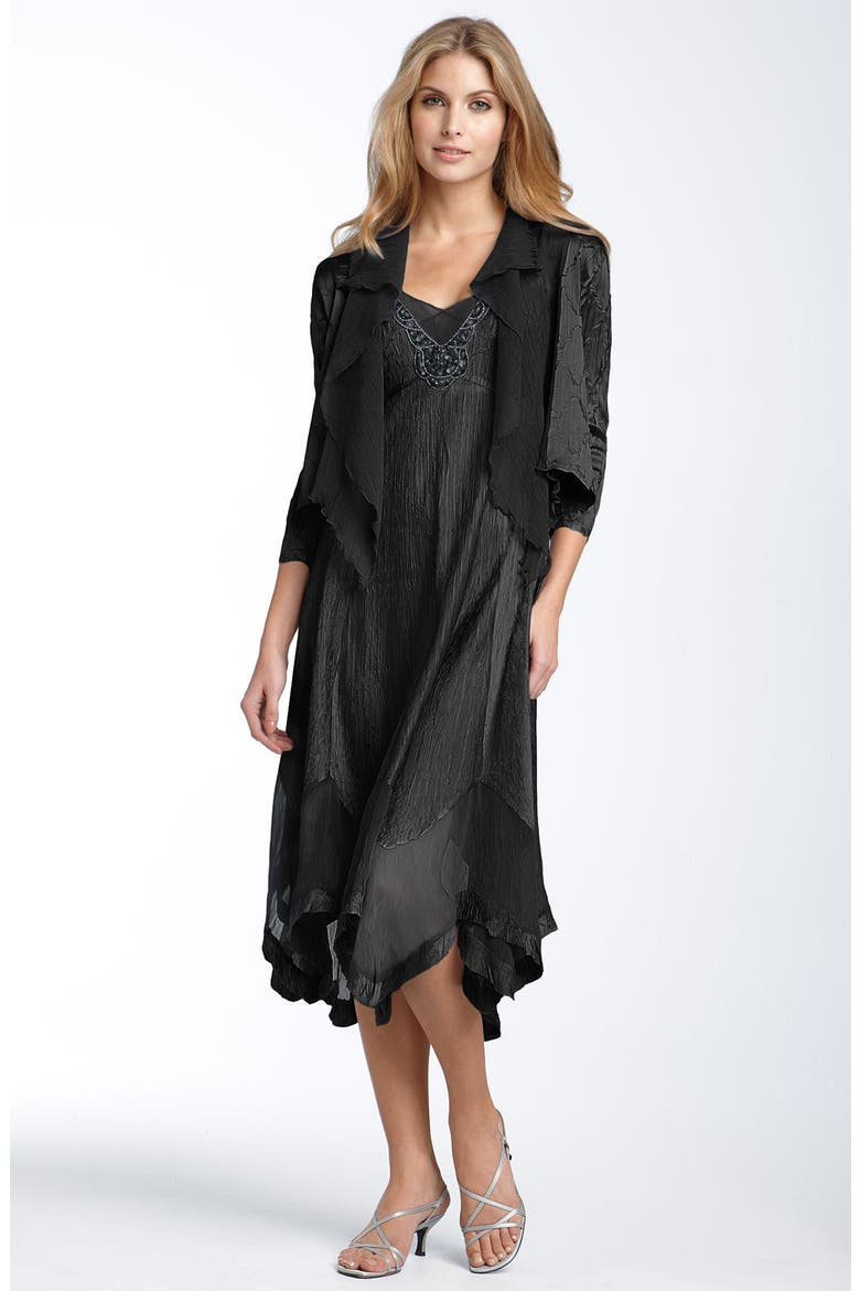 Beaded Pleated Charmeuse Dress & Jacket, Main, color, BLACK
