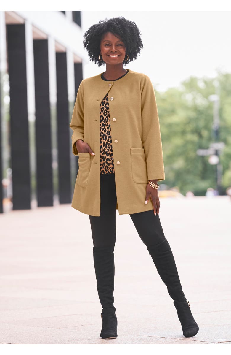 Jessica London Collarless Button Front Coat, Alternate, color, Soft Camel