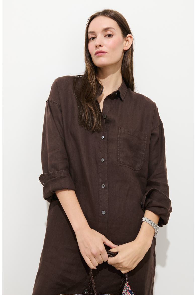 Kerry Linen Midi Shirtdress, Alternate, color, DARK BROWN
