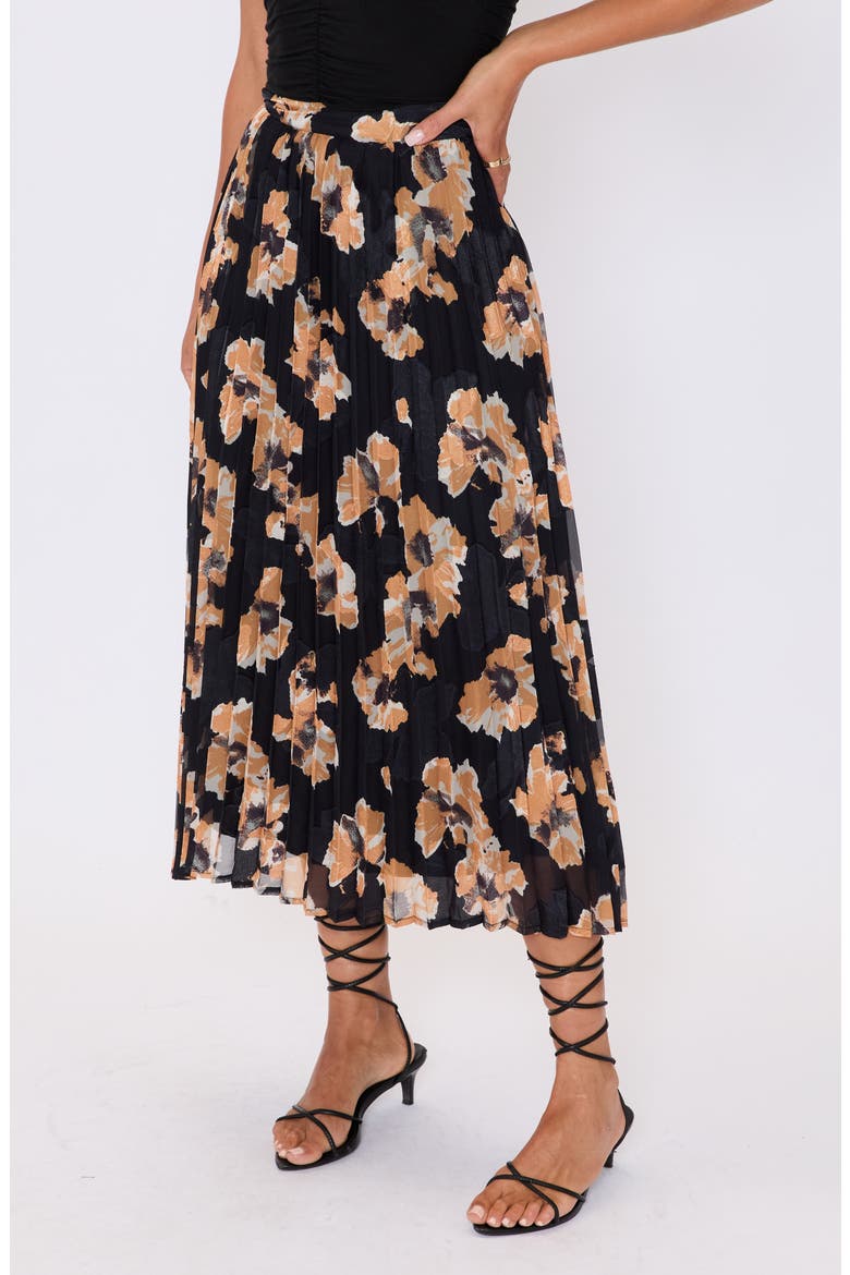 Zora Floral Pleated Midi Skirt, Alternate, color, BLACK FLORAL