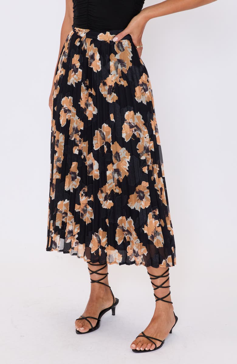 VICI Collection Zora Floral Pleated Midi Skirt, Alternate, color, Black Floral