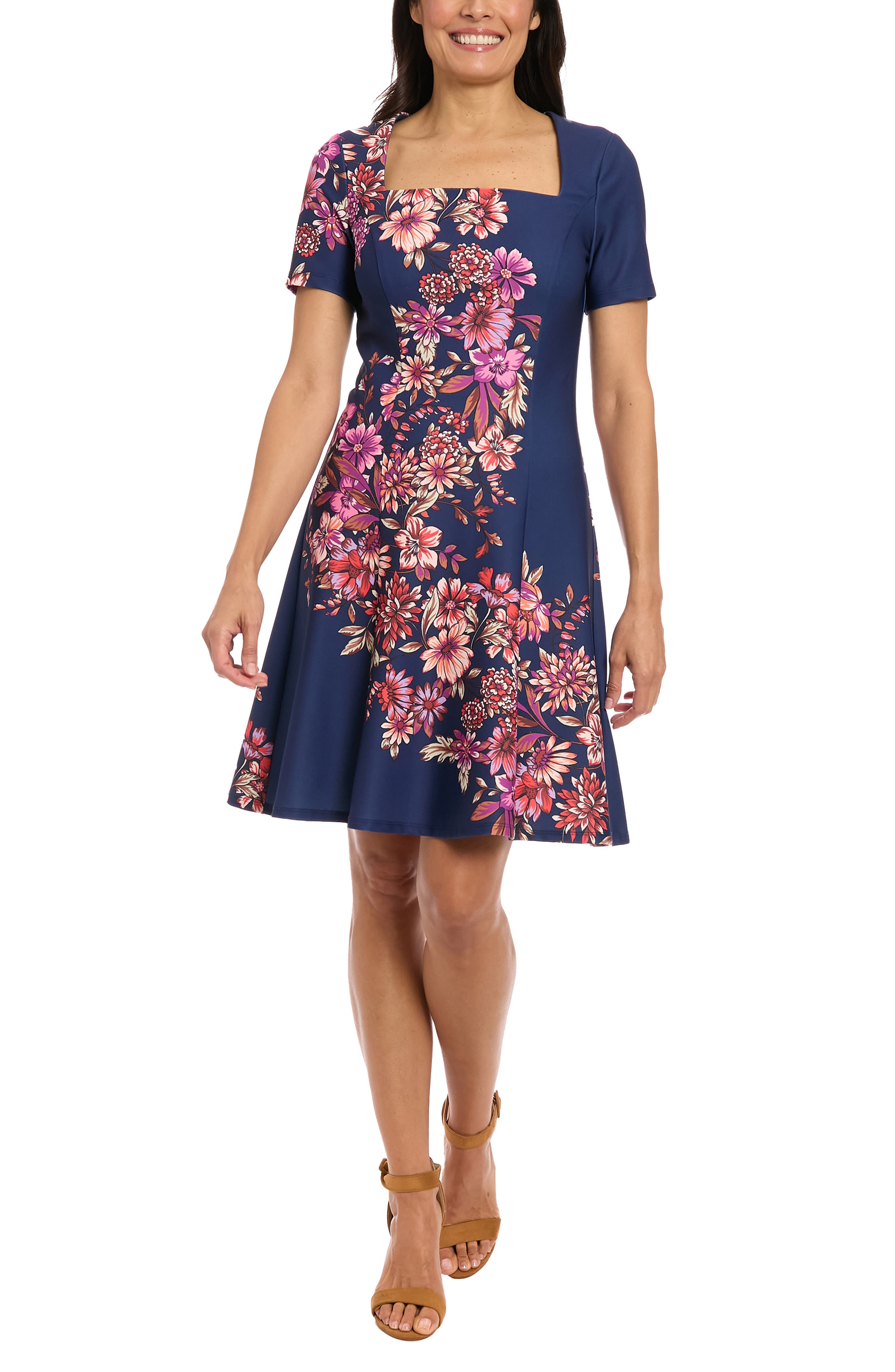 London Times Square Neck Fit & Flare Scuba Dress