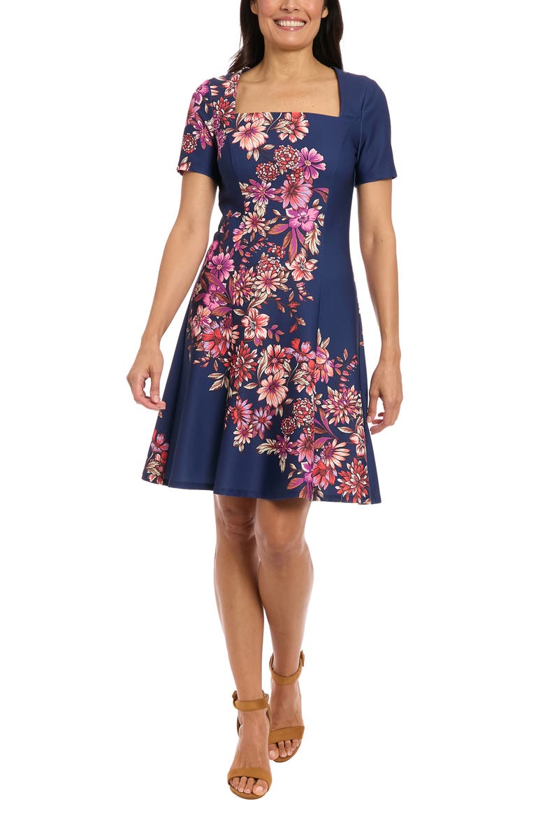 Square Neck Fit & Flare Scuba Dress, Main, color, NAVY/ FUCHSIA