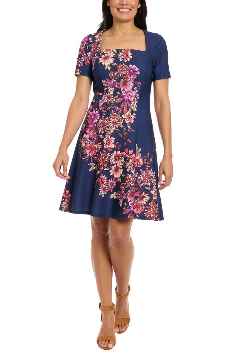 London Times Square Neck Fit & Flare Scuba Dress, Main, color, Navy/ Fuchsia