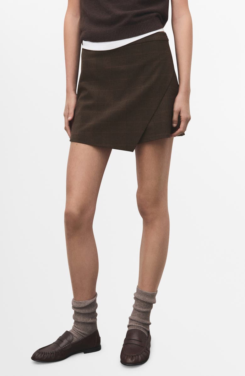 MANGO Check Asymmetric Front Miniskort, Main, color, Brown