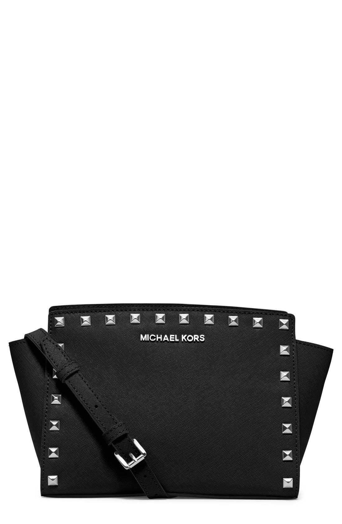 'Medium Selma' Studded Saffiano Leather Crossbody Bag, Main, color, BLACK