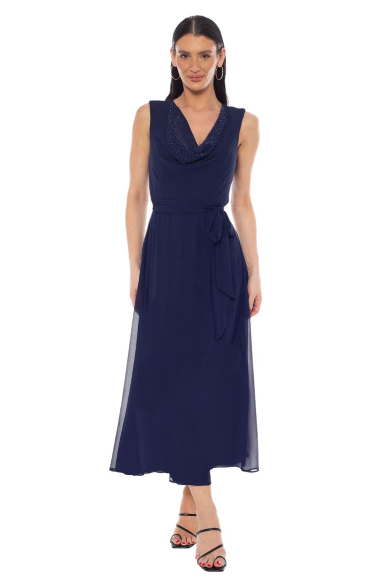 Embelished Cowl Neck Midi Dress, Alternate, color, NAVY