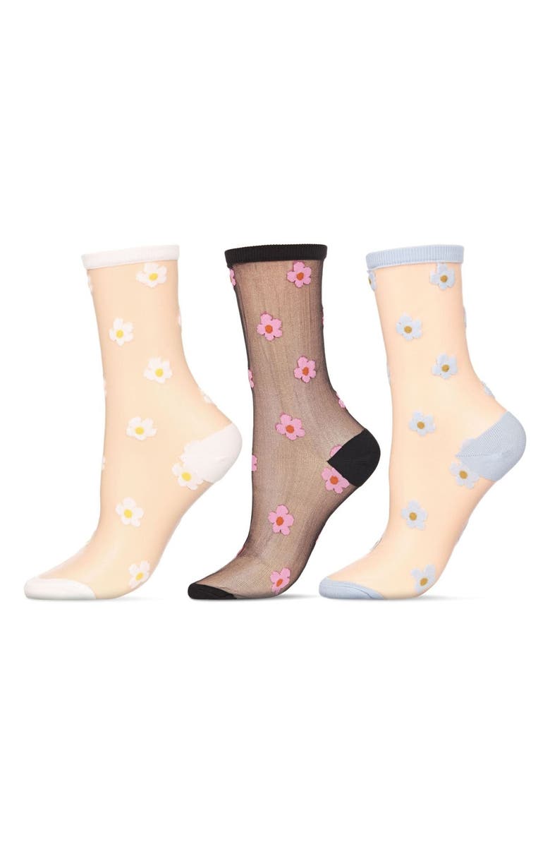 MeMoi Daisy Assorted 3-Pack Sheer Crew Socks, Main, color, Black-White-Gray