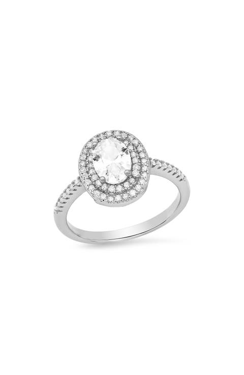 18K White Gold Plated Oval Simulated Diamond Double Halo Ring