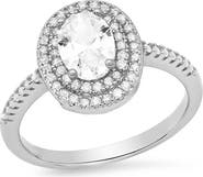 HMY JEWELRY 18K White Gold Plated Oval Simulated Diamond Double Halo Ring