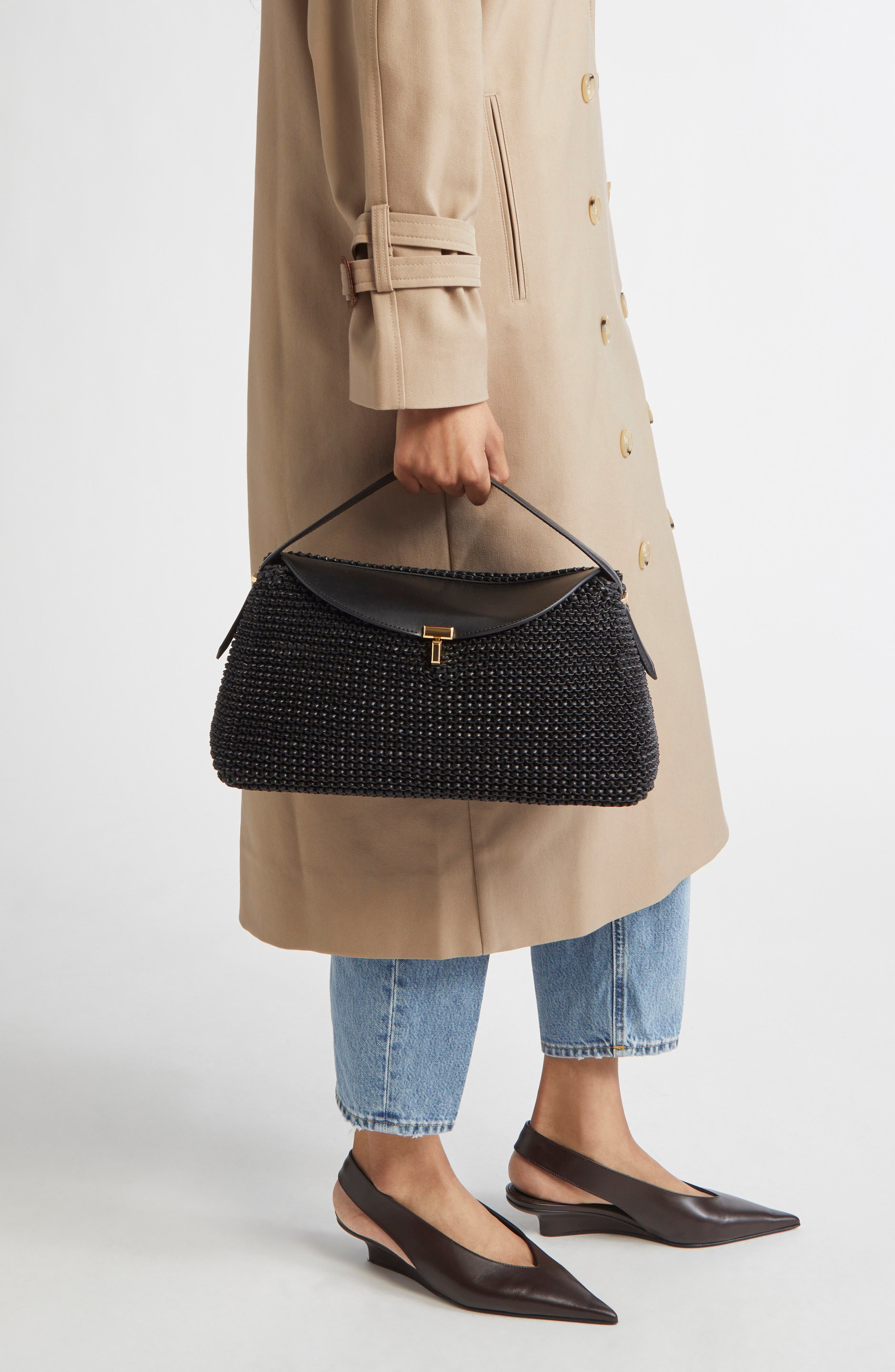 TOTEME T-Lock Woven Leather Top Handle Bag, Alternate, color, Black