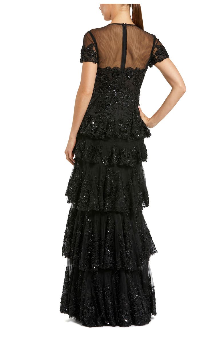 Mac Duggal Short Sleeve Tiered Mesh Gown With Embellishments, Alternate, color, Black